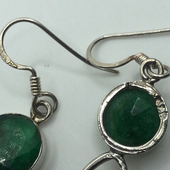 STERLING & Emerald Infinity Twist Design Hook Earring 2” / Vintage - Picture 5 of 6